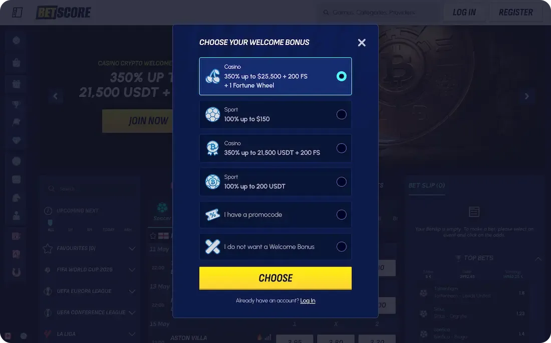 betscore casino welcome bonus